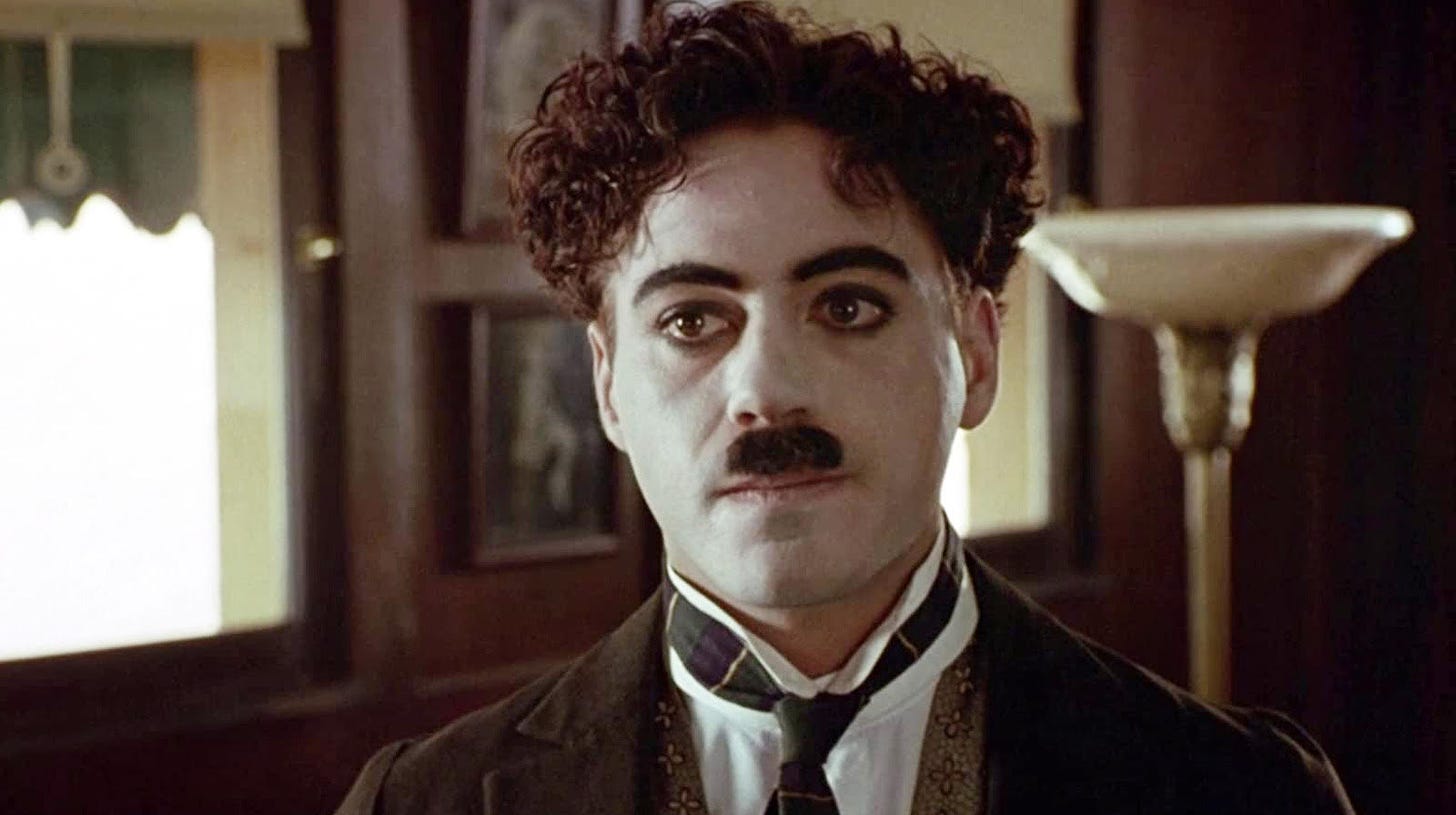 A screenshot from the film Chaplin showing Robert Downey Jr in the title role.