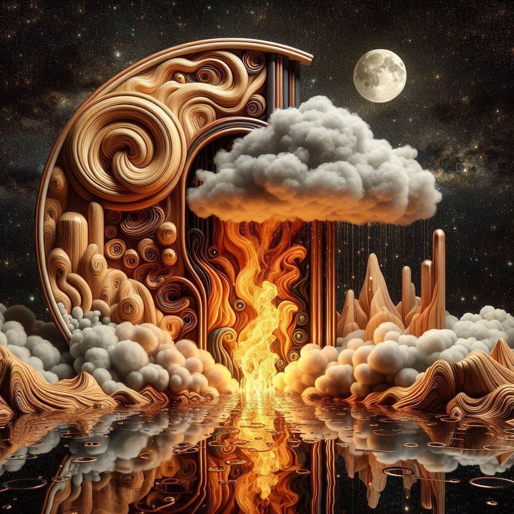 5d angle behind a glass screen with with a small fire in it over image of  Birchwood and rosewood "Wheel of Fortune"//water in resin/ soft, beautiful/honey-wood and copper/ Marquetry, copper verdigris. mountain/ fluffy cloud floating low in foreground / honey-gold-swirl/surrounded by copper pipes/verdigris.REFLECTED/ Inspired by style of Jeffrey Catherine Jones /backdrop of swirling clouds under moon.black starry sky 