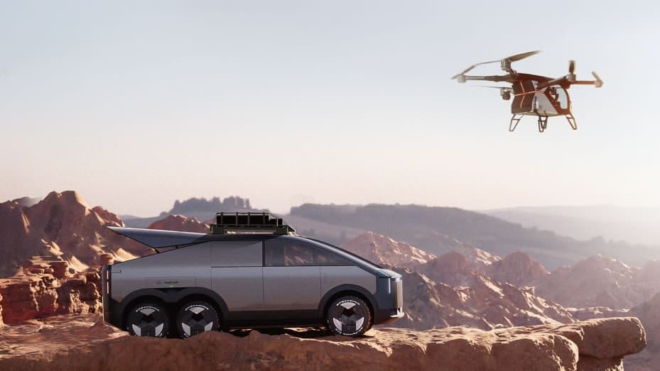 Xpeng's "Land Aircraft Carrier" vehicle has a flying passenger drone hidden inside the truck. The drone can detach.