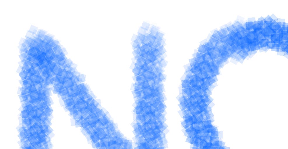 Very large, cropped blue lines made up of many tiny squares on a white background