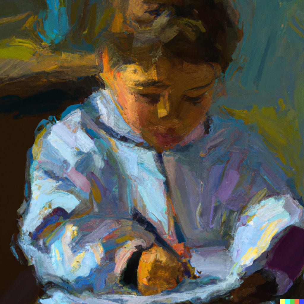 an oil painting of a child attentively writing in their journal