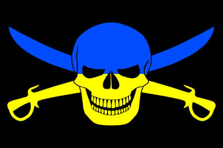 Ukrainian Flag Combined With The Black Pirate Image Of Jolly Roger With  Cutlasses Stock Photo, Picture And Royalty Free Image. Image 88499107.