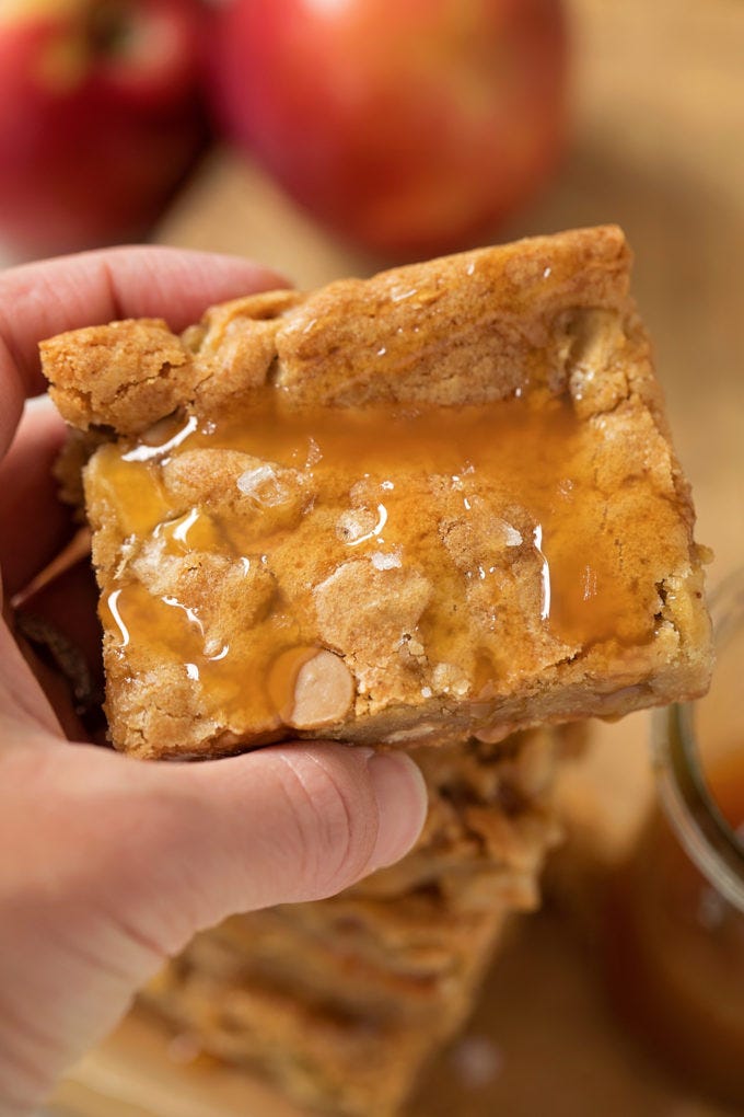 A Caramel Apple Blondie with caramel sauce and sea salt.