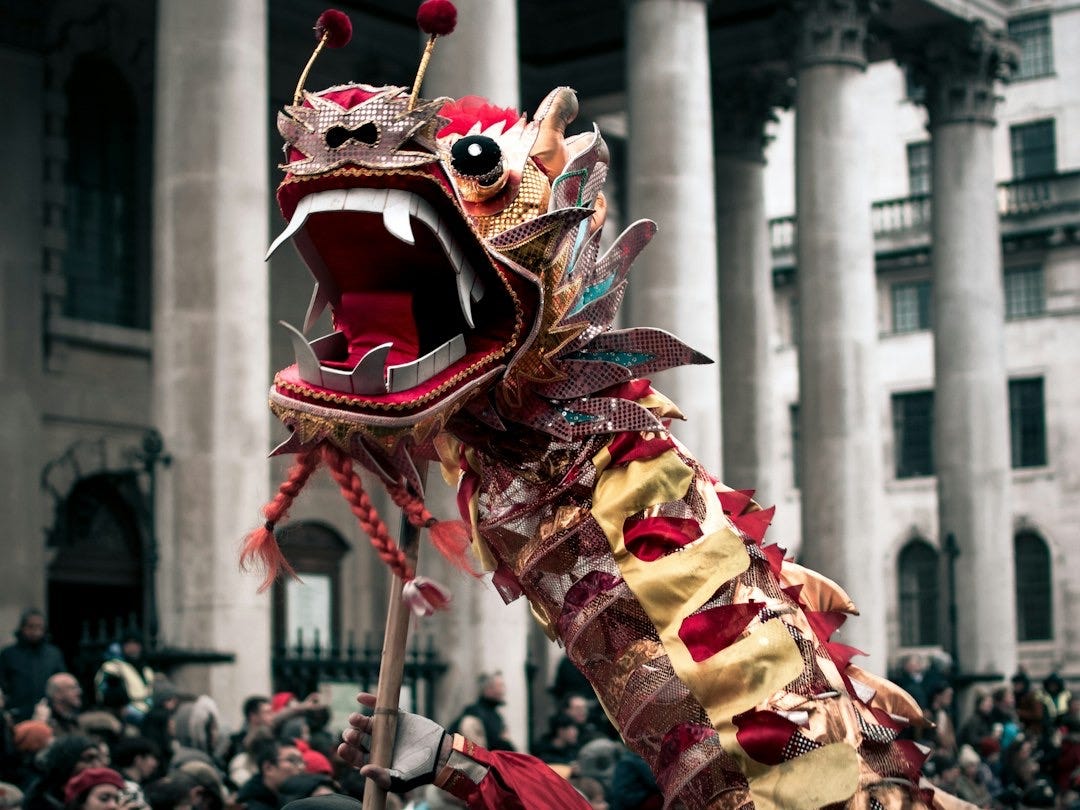 group of people performing lion dance