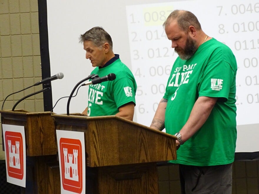 Mark Riehl (left) spoke in support of Enbridge's proposed reroute pipeline project.