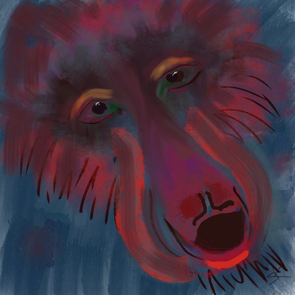 Painting by Sherry Killam Arts of a dog's face with shades of red on a blue background.