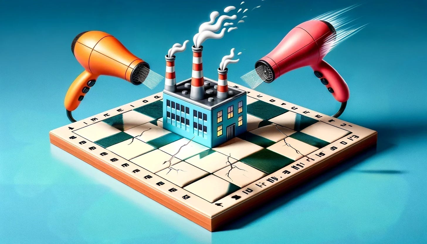 A playful and quirky image with a gameboard-like backdrop, similar to a checkers board. Hairdryers are aimed directly at crumbled bricks, blowing hot air. Fierce and sharp flying arrows are also aimed at the crumbled bricks, dueling with the hairdryers. Buckets of water are present, creating additional obstacles. Instead of other playing pieces, there are big fissures, oil slicks, and signs of the board cracking, resembling something you would not want to be tipped into. Overlay lots of little arrows with barbed ends flying in towards the company and the hairdryers. Add big cracks in the board to make it look like it's under a lot of stress and starting to crumble. Add at least five arrows and knives stuck into the playing board, on a scale as big as the hairdryers.