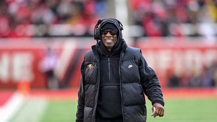 Nov 25, 2023; Salt Lake City, Utah, USA; Colorado Buffaloes head coach Deion 'Coach Prime' Sanders on the field against the Utah Utes at Rice-Eccles Stadium. Mandatory Credit: Christopher Creveling-Imagn Images