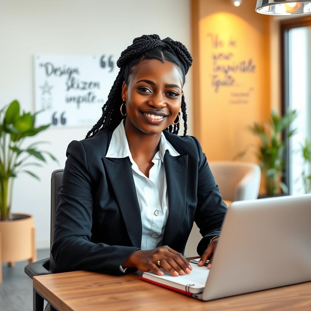 A smiling, dark-skinned businesswoman with braided hair, wearing a black blazer and light-blue blouse, sits at a wooden desk with a laptop and notebook