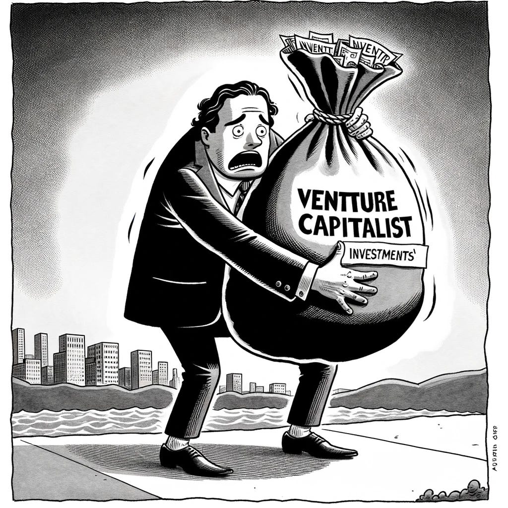 A New Yorker-style cartoon drawing of a venture capitalist looking desperate, holding a big bag of money, without any caption or heading. The drawing should maintain the witty and minimalistic style typical of New Yorker cartoons. The venture capitalist is shown in an exaggeratedly stylish business suit, clutching a large, overflowing bag of money labeled 'Investments'. The character's expression and posture convey desperation and urgency, humorously subverting the usual investor image. The background is simple and uncluttered, emphasizing the comical and ironic portrayal of the venture capitalist.