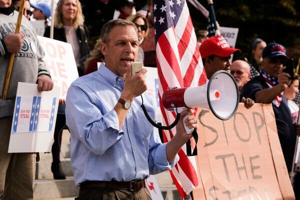 Representative Scott Perry at a “Stop the Steal” rally at the Pennsylvania State Capitol, two days after the 2020 election.