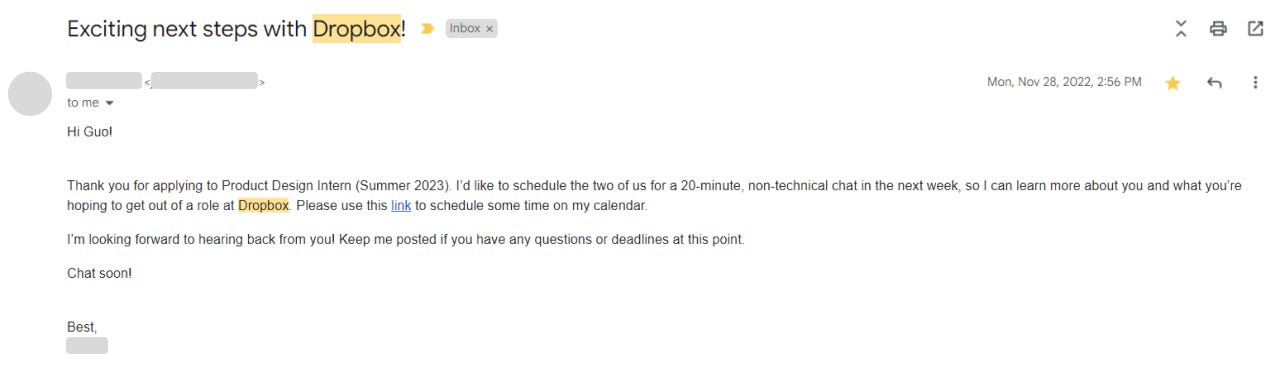 Email from dropbox recruiter to schedule the phone screen