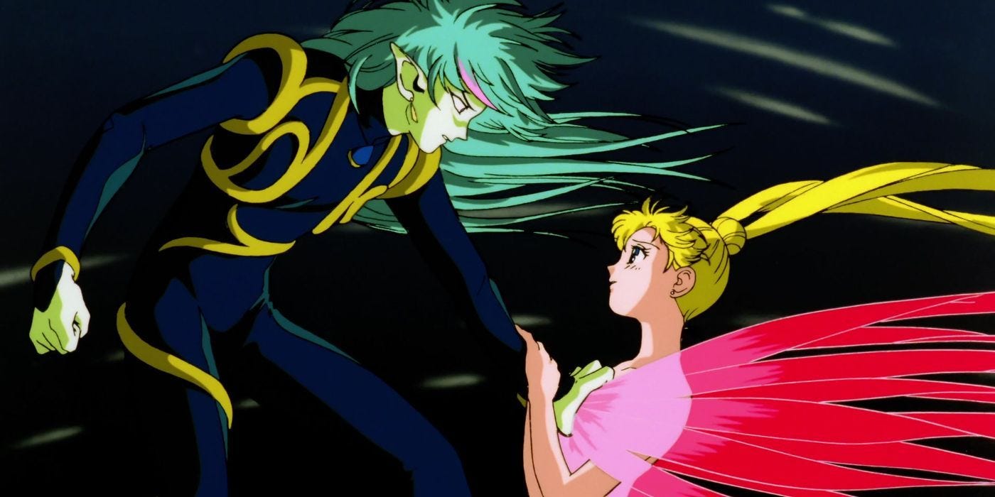 Sailor Moon mostrando compasión de Fiore en Sailor Moon Ría La Película la Promesa de la Rosa.