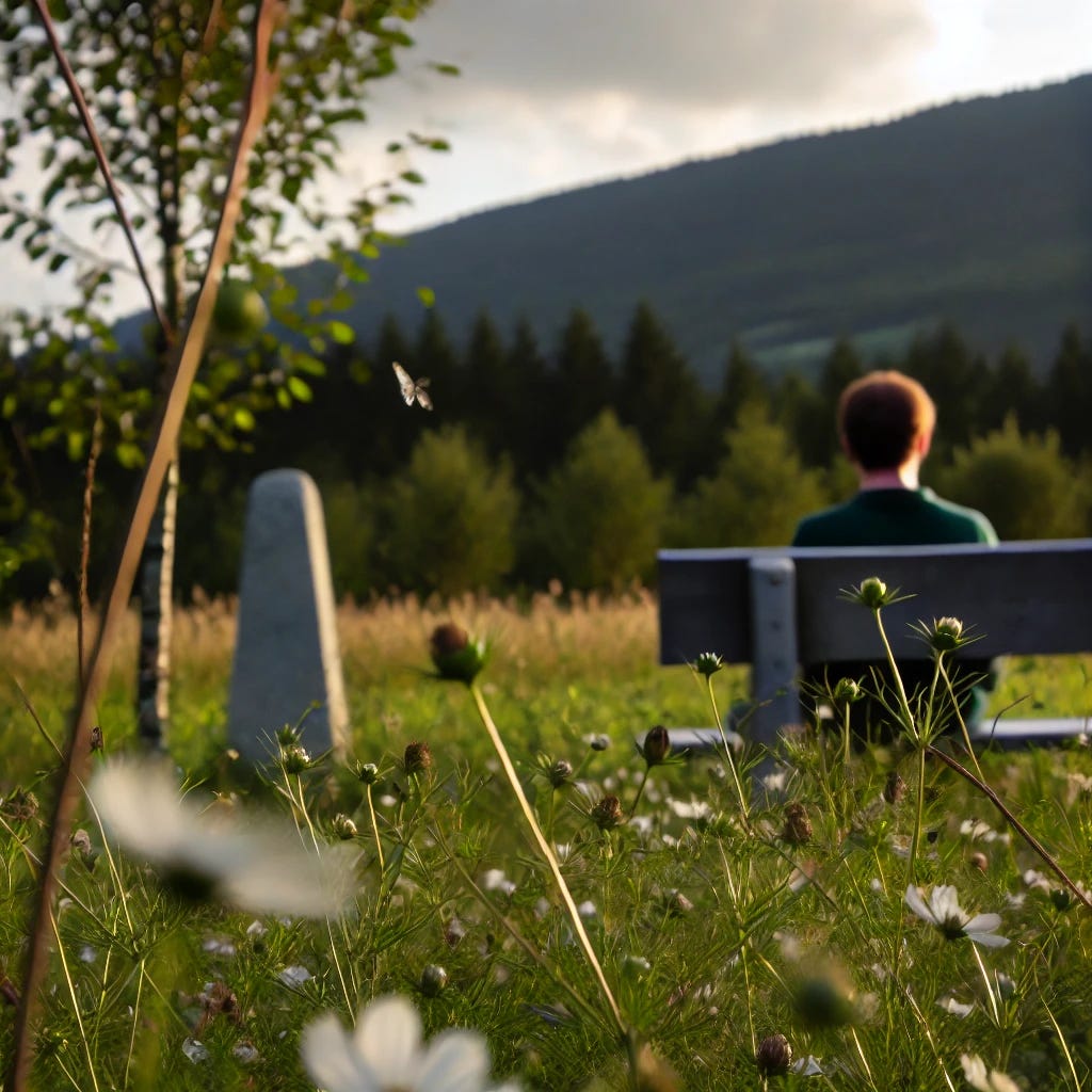 A serene outdoor scene where a person is quietly observing their surroundings. They sit on a bench, watching a field of flowers swaying gently in the breeze, while a distant forest and mountains loom in the background. The individual is attentively noticing the small details, such as a butterfly landing on a flower, the texture of leaves, and the soft light of the setting sun casting long shadows. The image captures a moment of stillness, showing the importance of being fully present and paying attention to the beauty in the world around us.