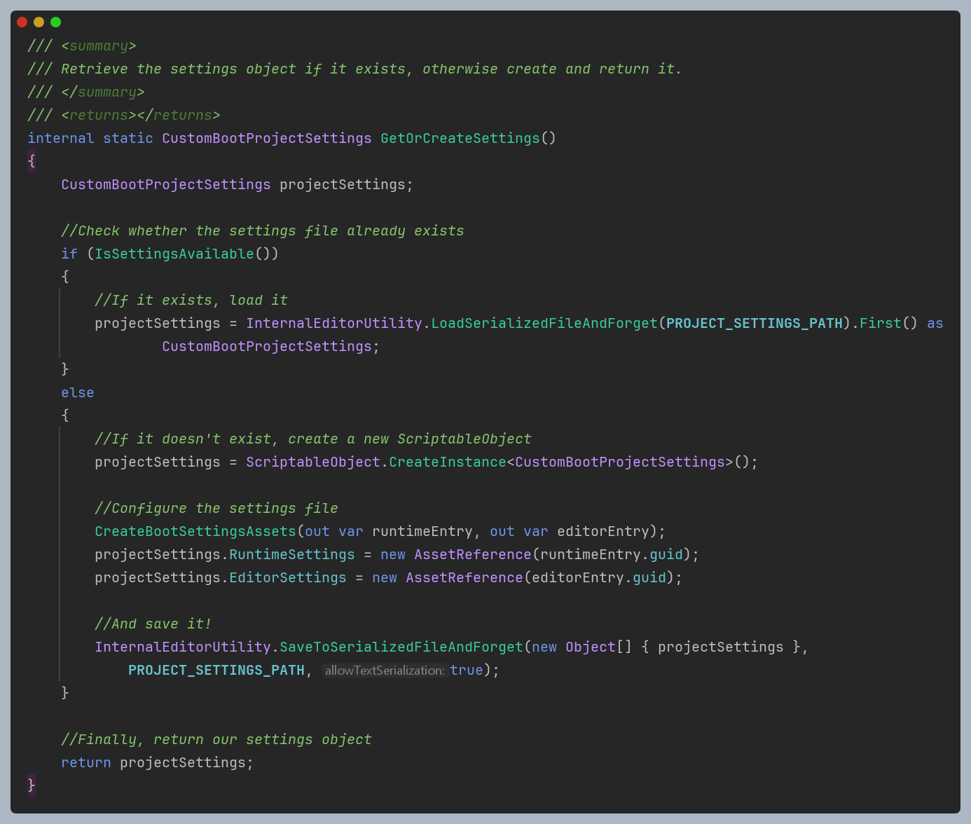 Source code for a helper method to retrieve or create a settings object in Unity