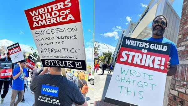 Side-by-side photos of writers holding picket signs reading: “‘Succession’ without writers is just ‘the Apprentice’” and “Wrote ChatGPT This.” 
