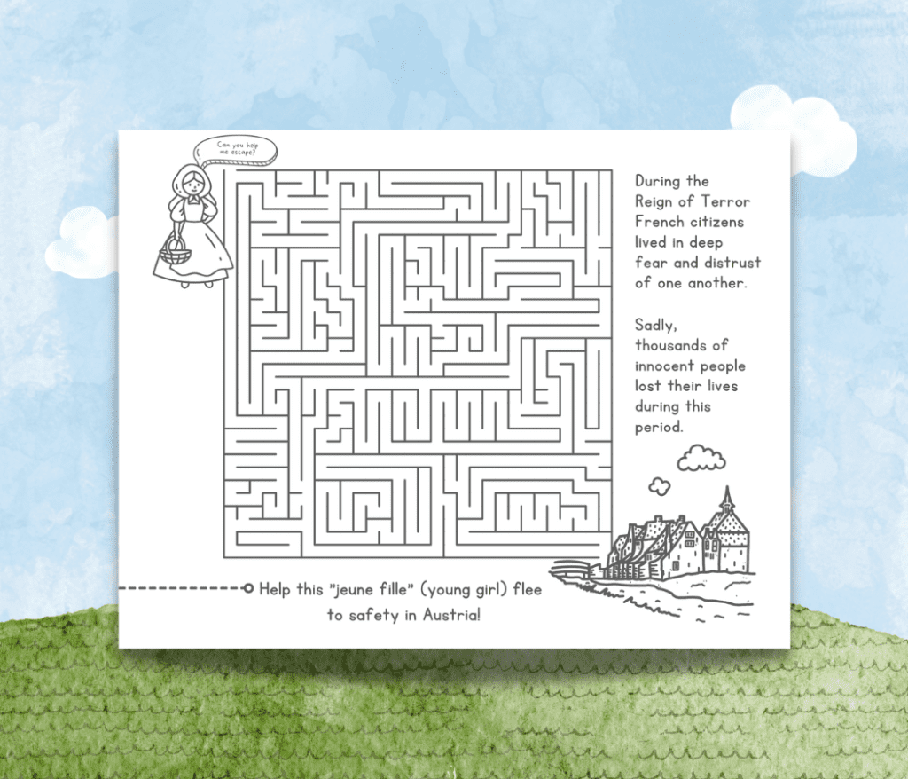 This French Revolution for kids printable activity is a maze. Pictured is a young girl, a maze, and a village. The girl is asking for help fleeing from the Reign of Terror.