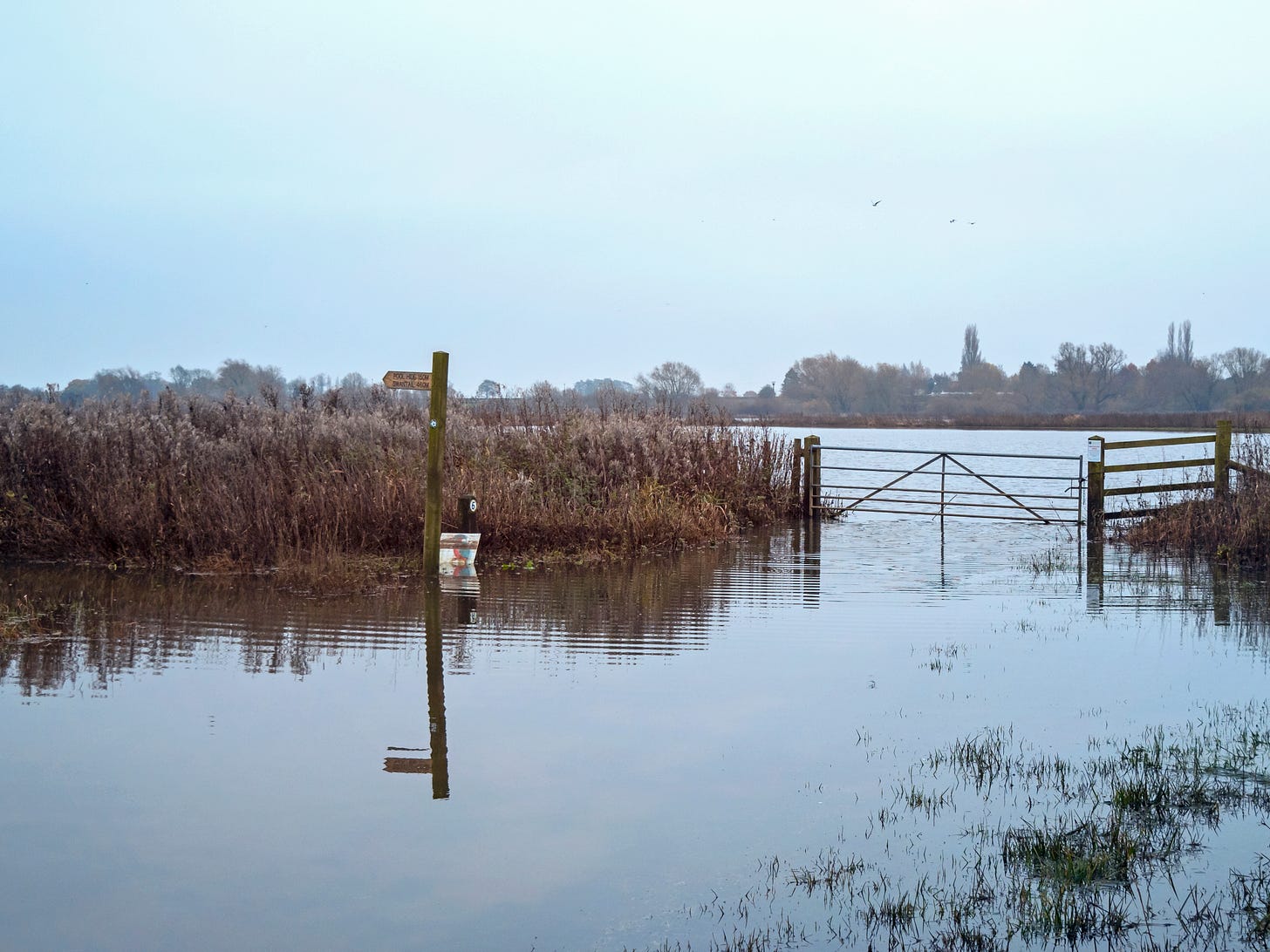 A completely flooded trail with a footpath sign and a wooden gate submerged by water.