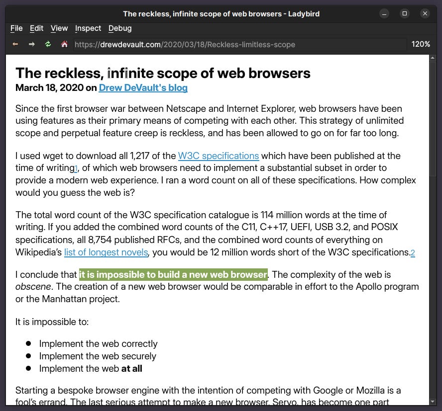 Screenshot of a blog post viewed in the Ladybird browser. The text "It is impossible to build a new web browser" is highlighted. :^)