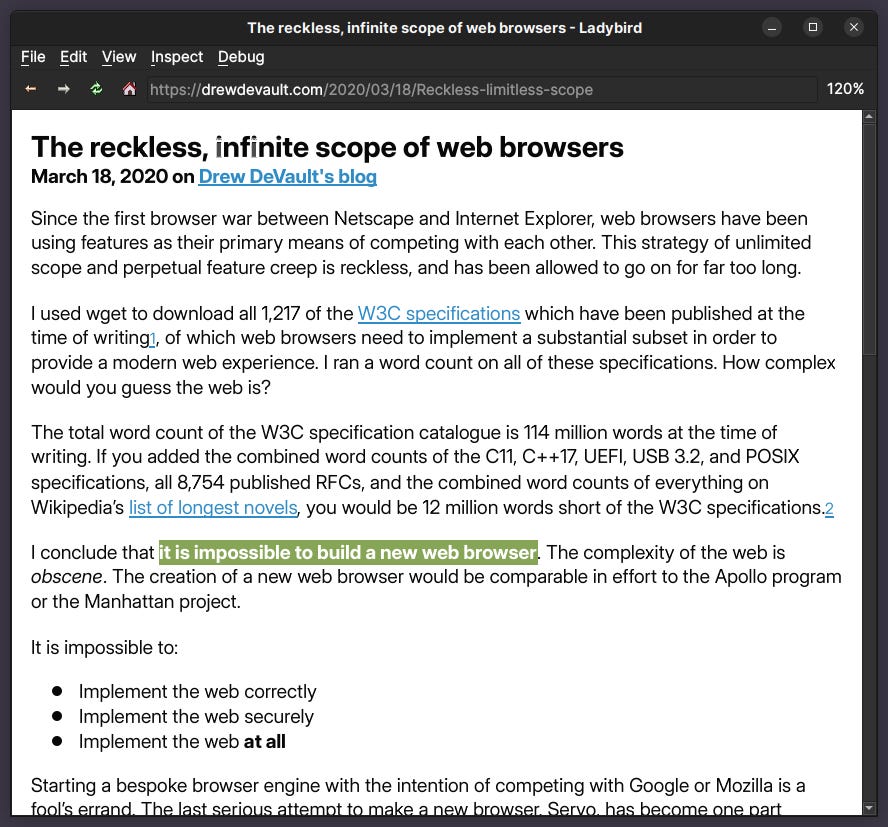 Screenshot of a blog post viewed in the Ladybird browser. The text