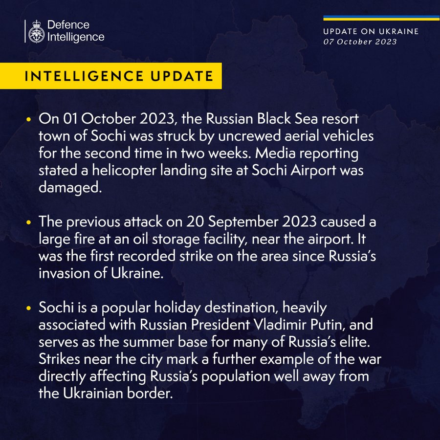 Latest Defence Intelligence update on the situation in Ukraine - 07 October 2023. Please read thread below for full image text.