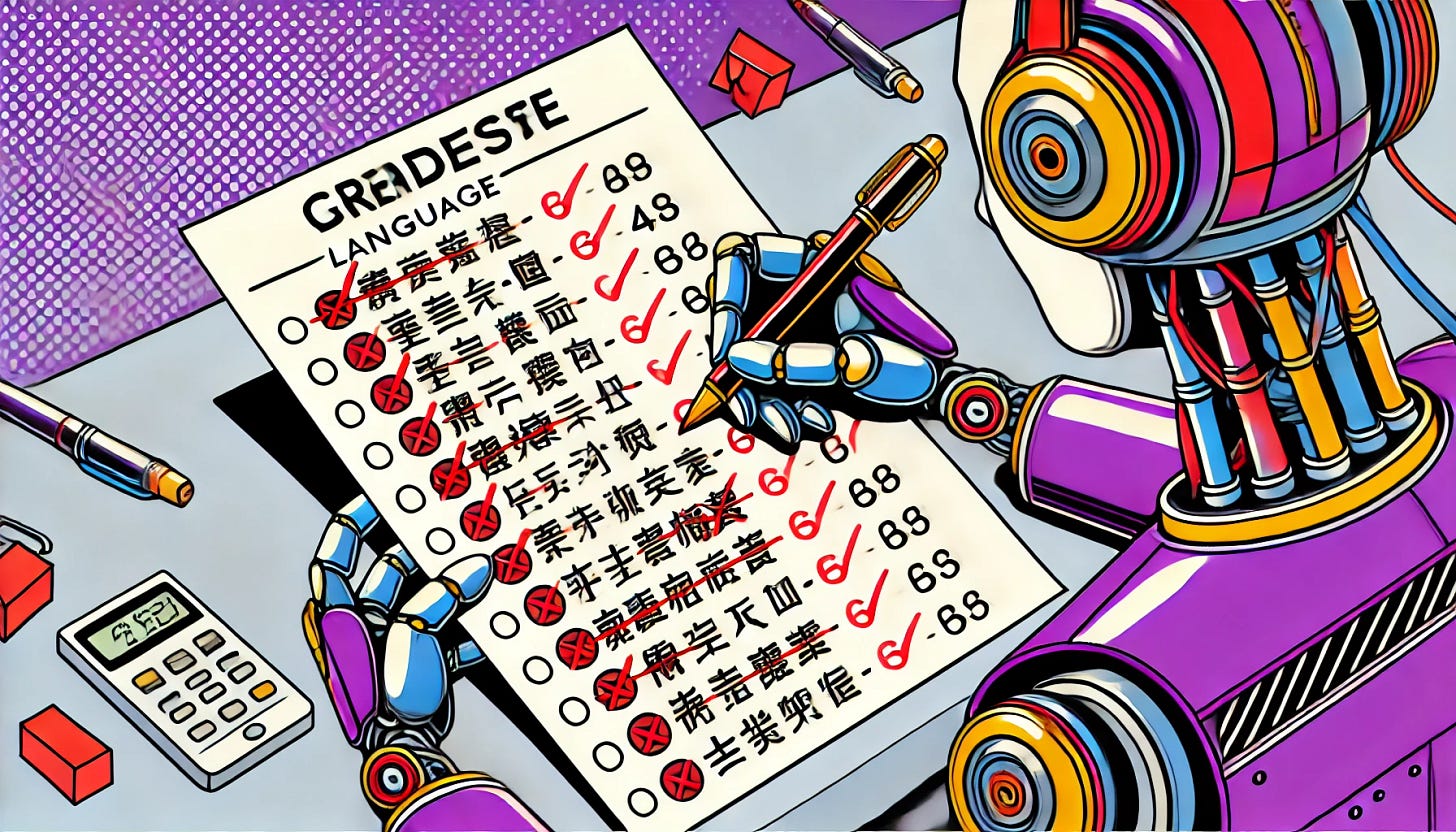 A pop art style illustration depicting a first-person perspective of a robot grading a language (Chinese) homework assignment. The color palette is restricted to bright purple, bright orange, black, and white, with a white background. The design features the robot's mechanical hands holding a pen, marking a paper filled with Chinese text, red corrections, and a score visible. The scene is clean and minimal, focusing on the graded language homework as the main subject.