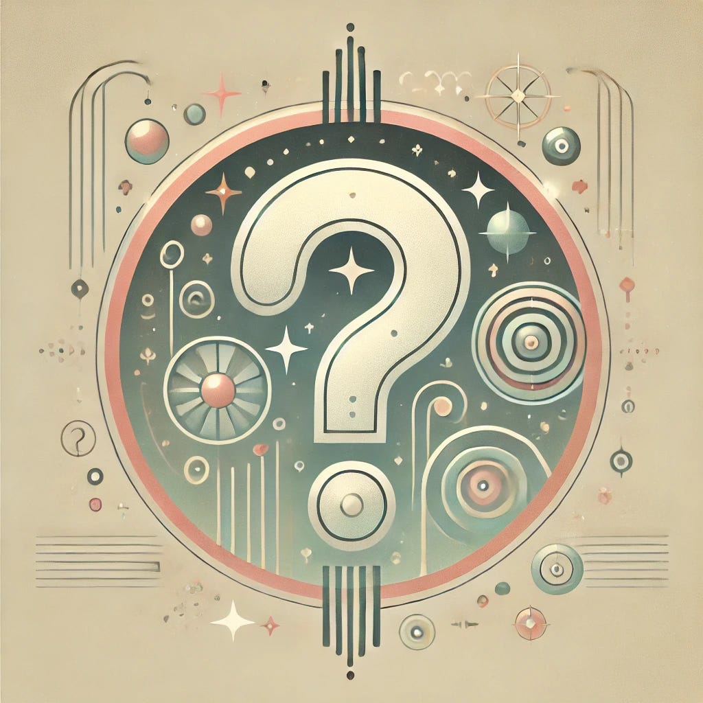 A retro-futurist-style illustration centered on a large, softly glowing question mark surrounded by smaller question marks and abstract symbols representing curiosity and inquiry. The design has muted pastel tones and subdued metallic highlights, with Art Deco-inspired curves and vintage sci-fi motifs like subtle stars, gears, and holographic waves. The overall composition conveys curiosity and wonder in a more understated and elegant aesthetic, blending nostalgic and futuristic elements harmoniously.