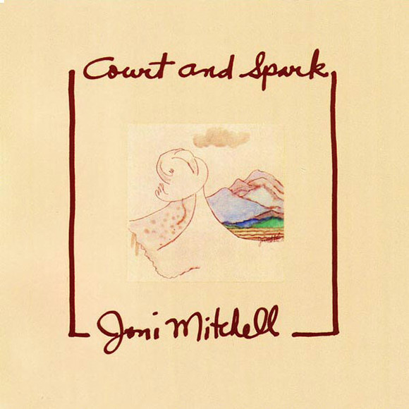 Album cover for Court and Spark, a beige square with an image in the middle of maybe a mountain?