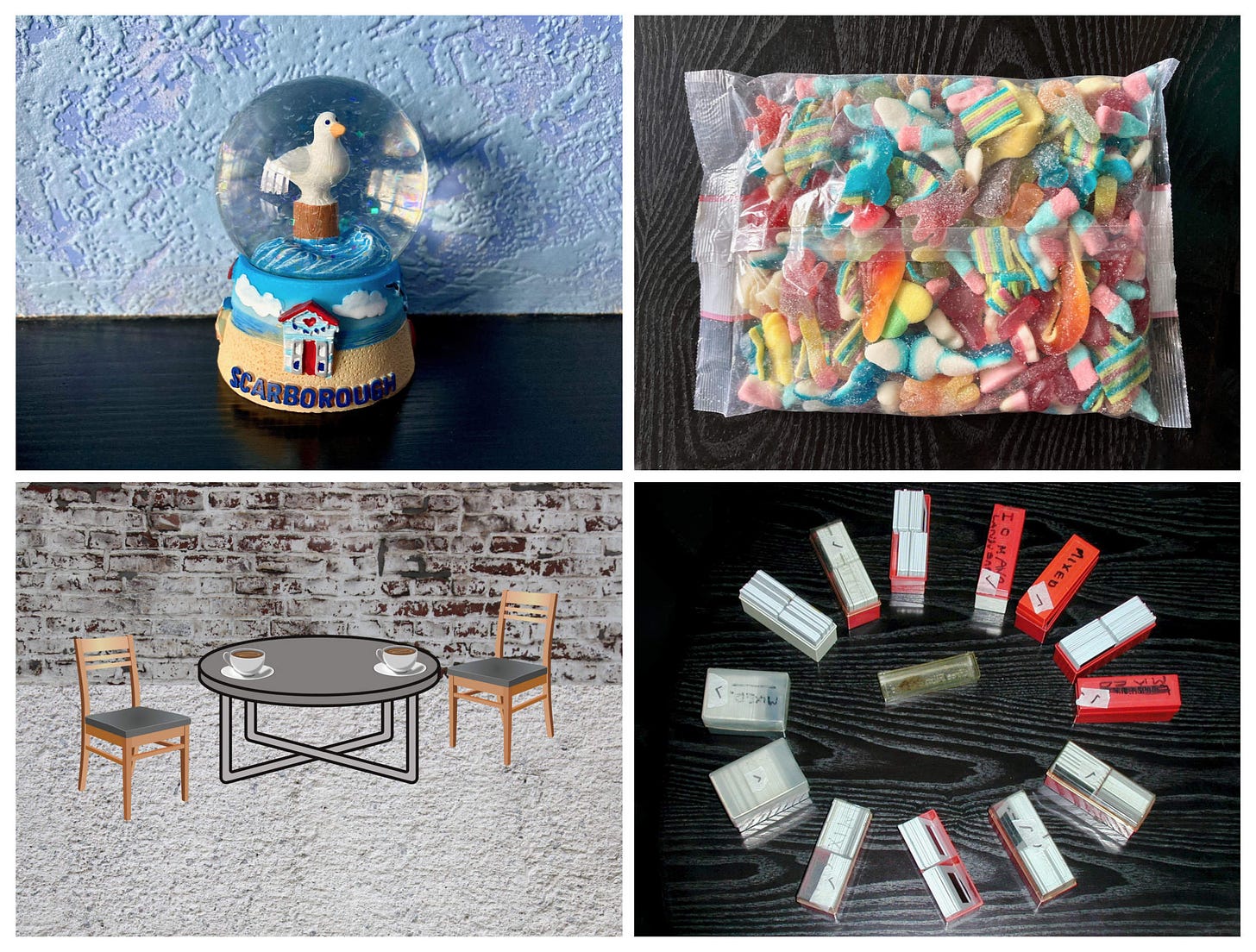 A collage of four images: A seagull snow globe, a bag of sweets, a clipart image of a table with two coffee cups and chairs, and some old 35mm photo slide boxes