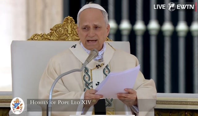Pope Leo XIV celebrates his Inaugural Mass on May 18, 2025, with thousands gathered in St. Peter's Square.