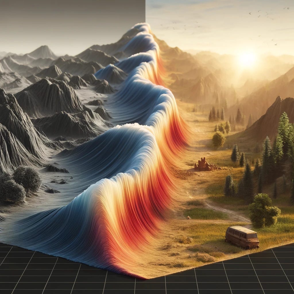 A visual transformation showcasing a 2D photograph on the left evolving into a detailed 3D model on the right. This transition, depicted as a dynamic wave, symbolizes the groundbreaking process of turning flat images into rich, textured 3D environments, highlighting the blend of art and technology.