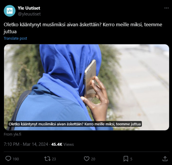 Yle's Islamic propaganda received a lot of comments and criticism on X's messaging service. The post, seen by 45,000 people, only garnered 20 likes the moment I took the screenshot. Nearly 200 commenters criticised the action.