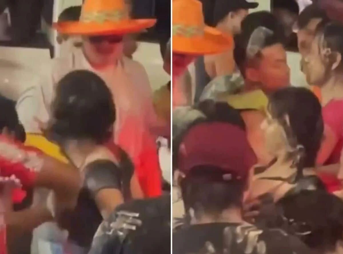 Low resolution screengrabs side by side appear to show a transwoman in a large crowd. 