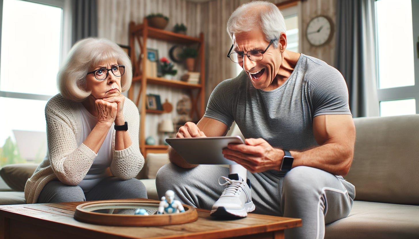 A senior woman in her 70s, looking concerned and thoughtful, observing her male friend, also in his 70s, who is enthusiastically engaging with an AI fitness program on a tablet. The setting is a cozy living room with typical home decor, indicative of a senior's home. The woman appears worried, while the man is absorbed in his interaction with the tablet, showing a fitness application. The scene captures the contrast between human concern and technological engagement, with both individuals clearly in their senior years.