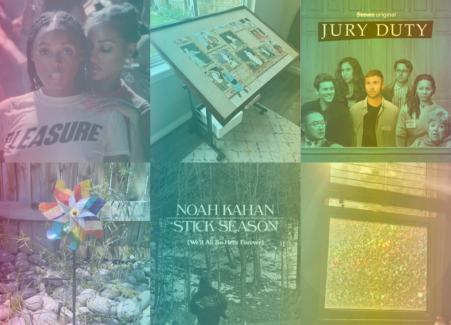 A rainbow-filtered grid of 6 images that includes a still from Janelle Monae's Lipstick Lover video, a photo of a puzzle table, a promotional image for the show Jury Duty, a photo of a rainbow glitter pinwheel, the album cover of Stick Season (We'll All Be Here Forever) and a photo showing rainbow privacy window film on a window