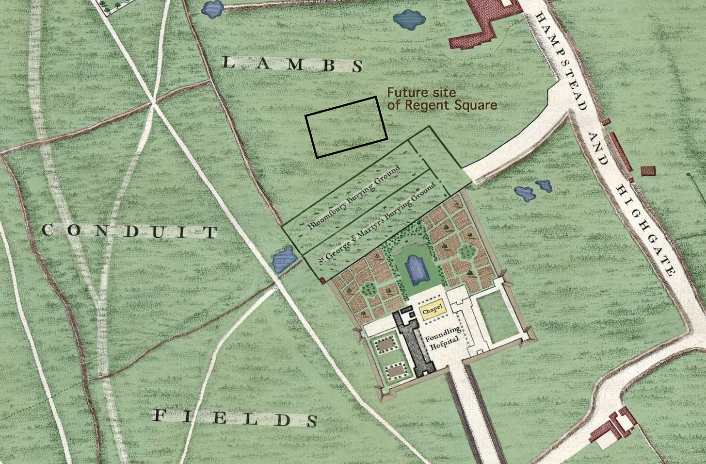 Part of bloomsbury on the john rocque map of 1746. It is coloured in because I once spent 30 hours colouring in the whole of bloomsbury, because i am nice like that