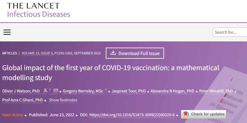 Article header: "Global impact of the first year of COVID-19 vaccination: a mathematical modelling study"