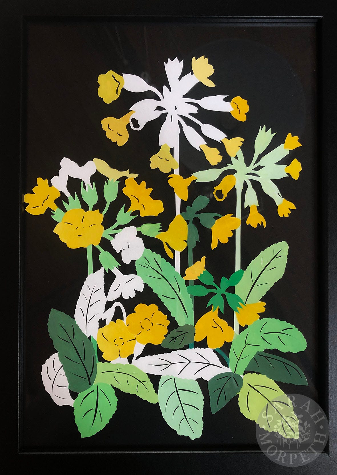 primrose papercut with bright yellow flowers on black background