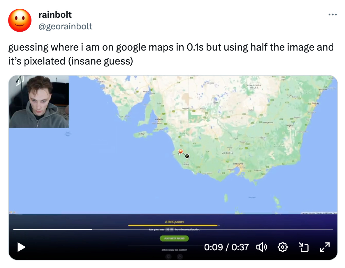 tweet from rainbolt: guessing where i am on google maps in .1s but using half the image and it's pixelated (insane guess)