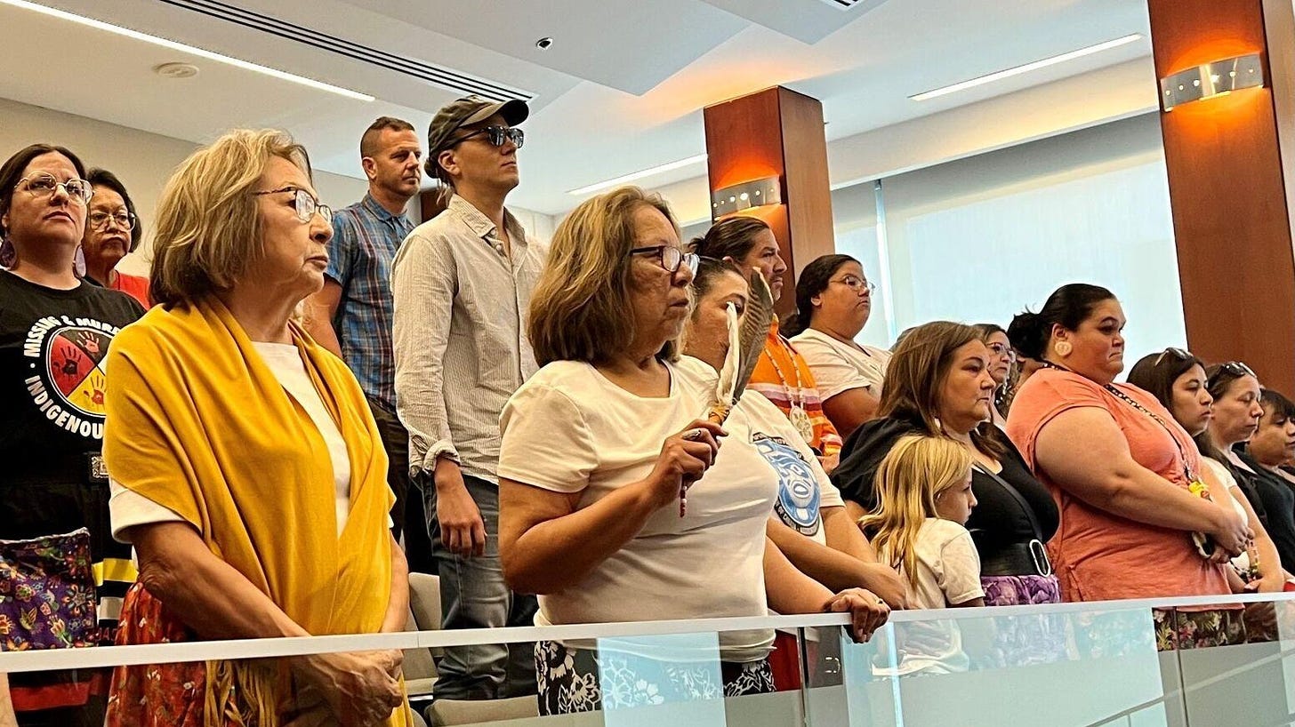 Members of Hamilton’s urban Indigenous community bearing witness to the Council vote on July 12, 2024 - photo by Matthew Van Dongen (Hamilton Spectator)