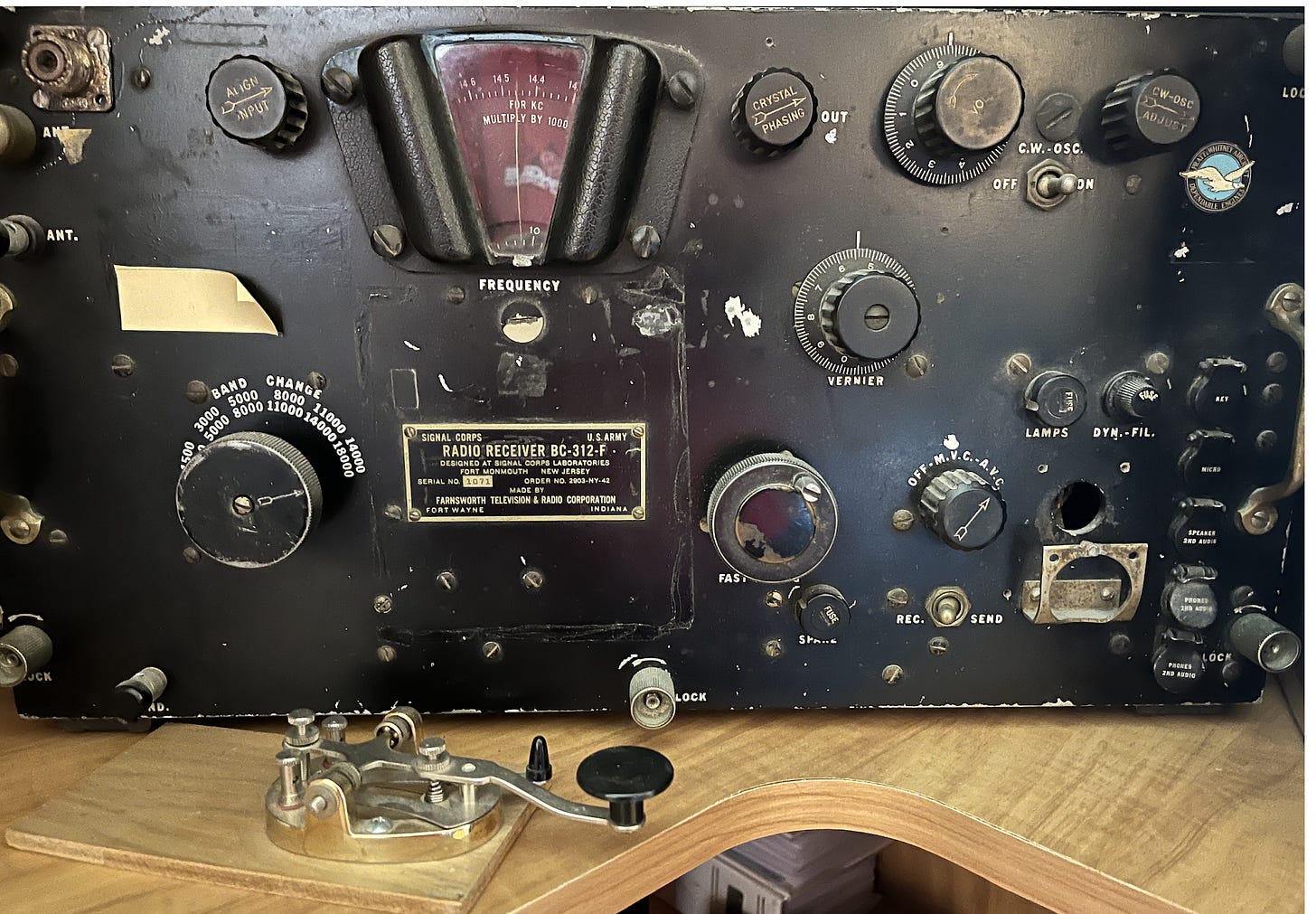Photo of my father's ham radio receiver and Morse code key - my favorite thing to play with when he wasn't home