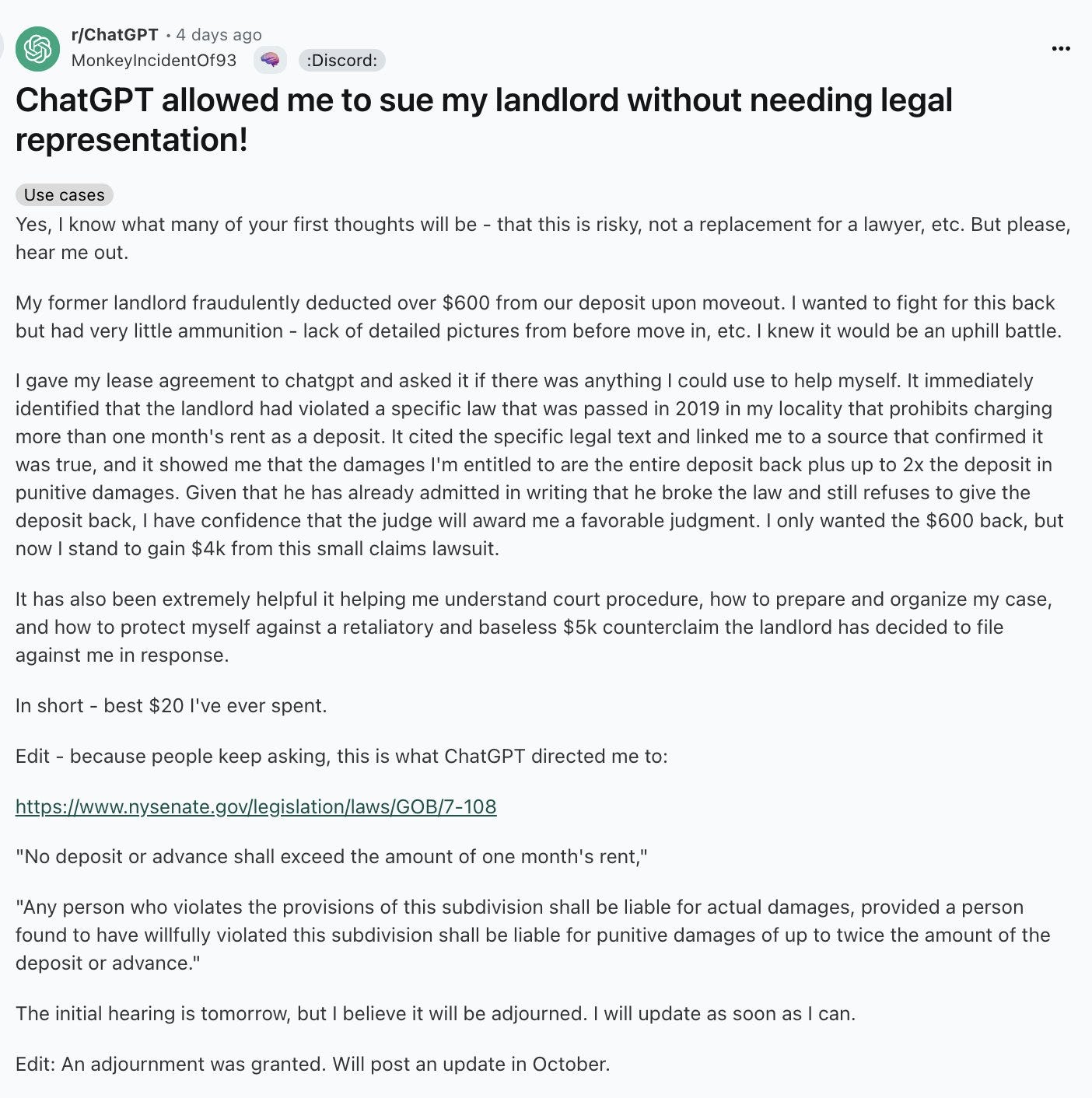 Screenshot of a Reddit post where a user explains how ChatGPT helped them identify legal violations by their landlord and prepare for a small claims lawsuit, potentially winning $4,000. The post includes a link to the law provided by ChatGPTDiscord