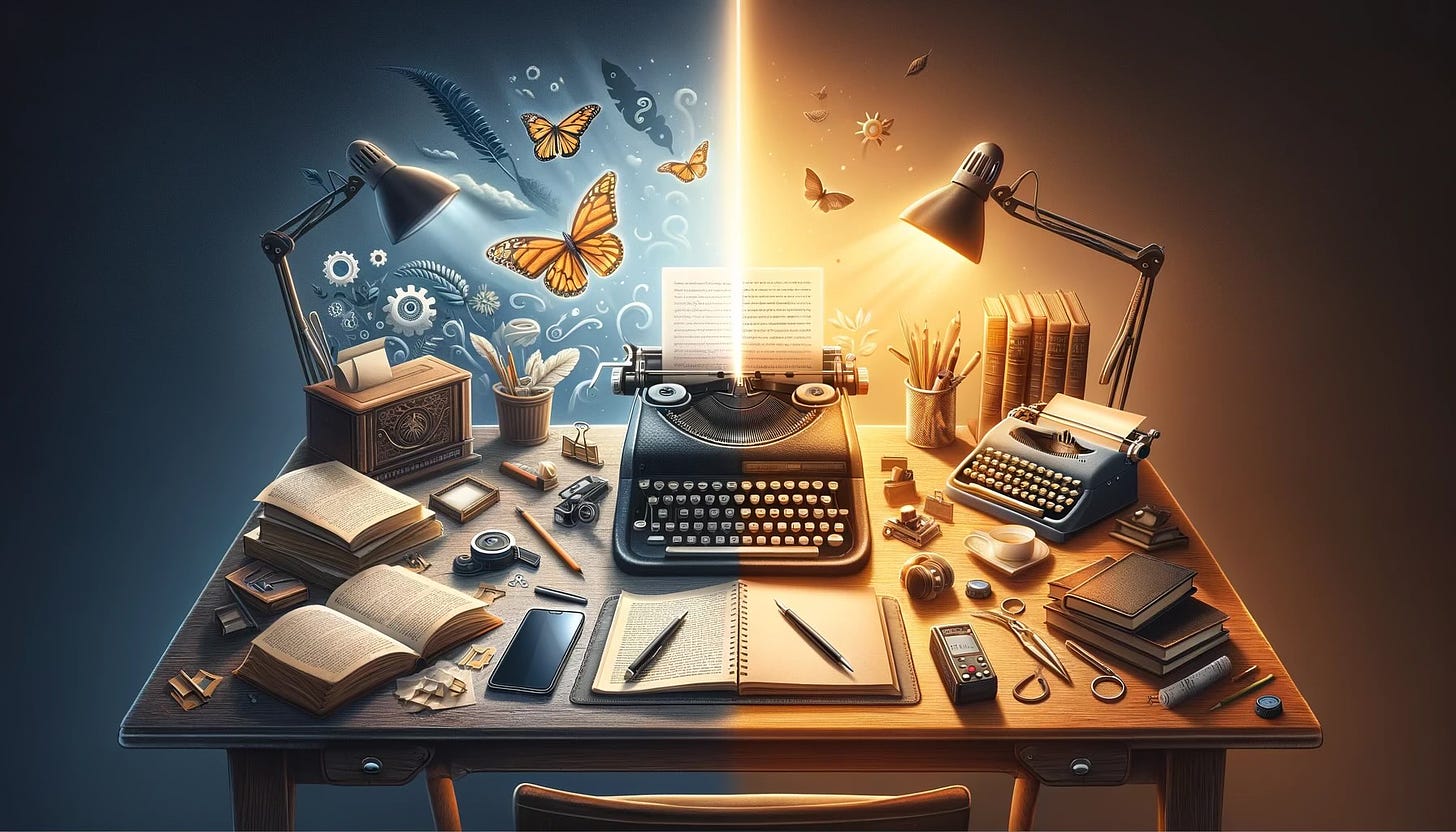 The image illustrating the contrast between traditional creative writing methods and modern dictation-driven approaches is ready. It represents the transition from pen and paper to speech-to-text technology, capturing both the classic and contemporary elements of the creative process.