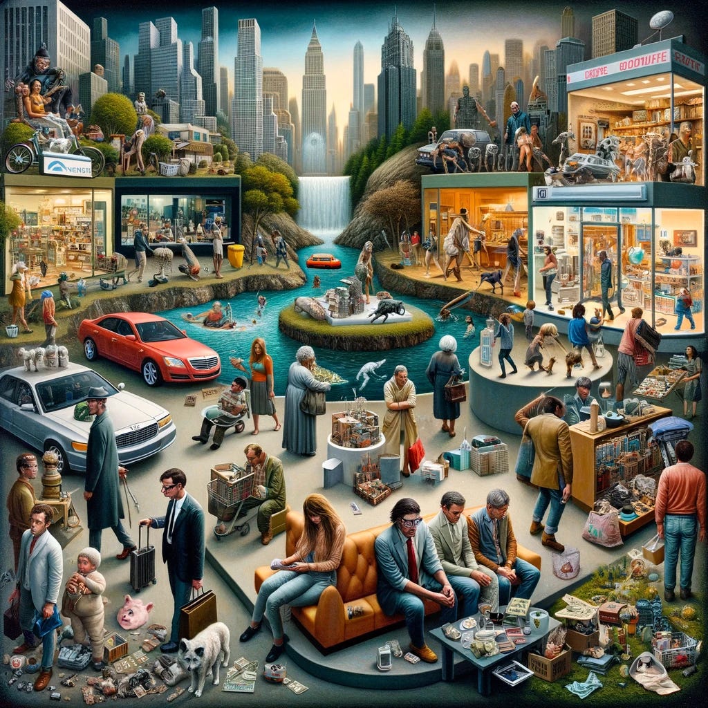 A thought-provoking and symbolic image capturing the malaise of modernity, centered around the relentless pursuit of unnecessary wealth for material possessions. Visualize a diverse group of people from various walks of life, each engaged in activities symbolizing the drive to make money and spend it on superfluous items. Some are in luxurious shopping environments, others in high-pressure work settings, all under the gaze of a disapproving crowd. Each person's expression shows emptiness or dissatisfaction, highlighting the hollowness of their pursuits. The background is a montage of urban and suburban landscapes, representing various communities and societies, showing different forms of this fundamental drive. The atmosphere conveys irony and the futility of seeking fulfillment in materialism, reflecting a profound statement on human behavior and societal norms.