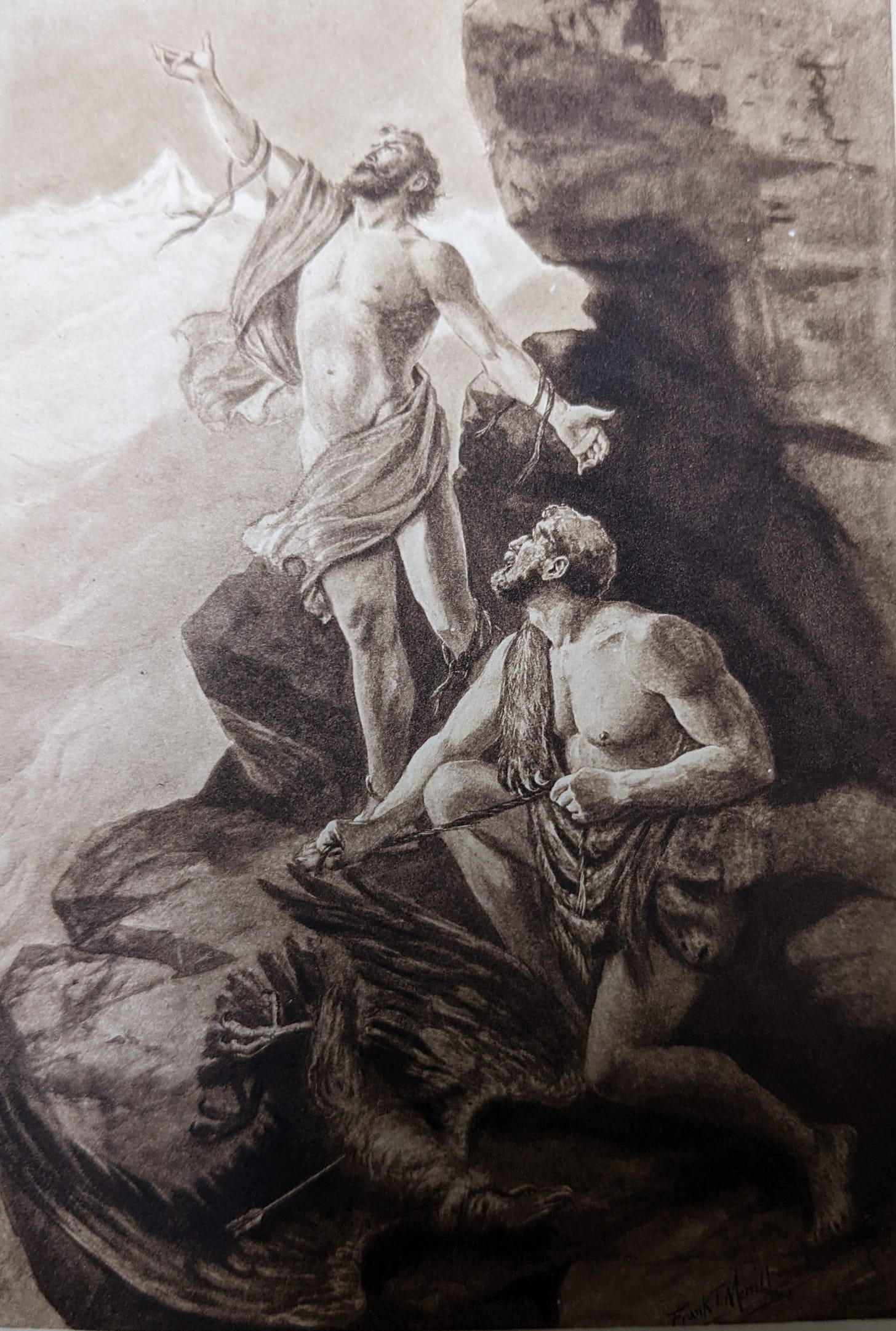 "An artistic grayscale illustration depicting two classical male figures. One figure stands dramatically on the left, gesturing upwards with one hand, while the other hand holds chains that bind the second figure. The chained figure sits despondently on a rock to the right, looking up at the first man. Behind them, a shadowed landscape and ethereal light set a dramatic tone. The artwork has intricate shading and detailing, with the artist's signature at the bottom right."