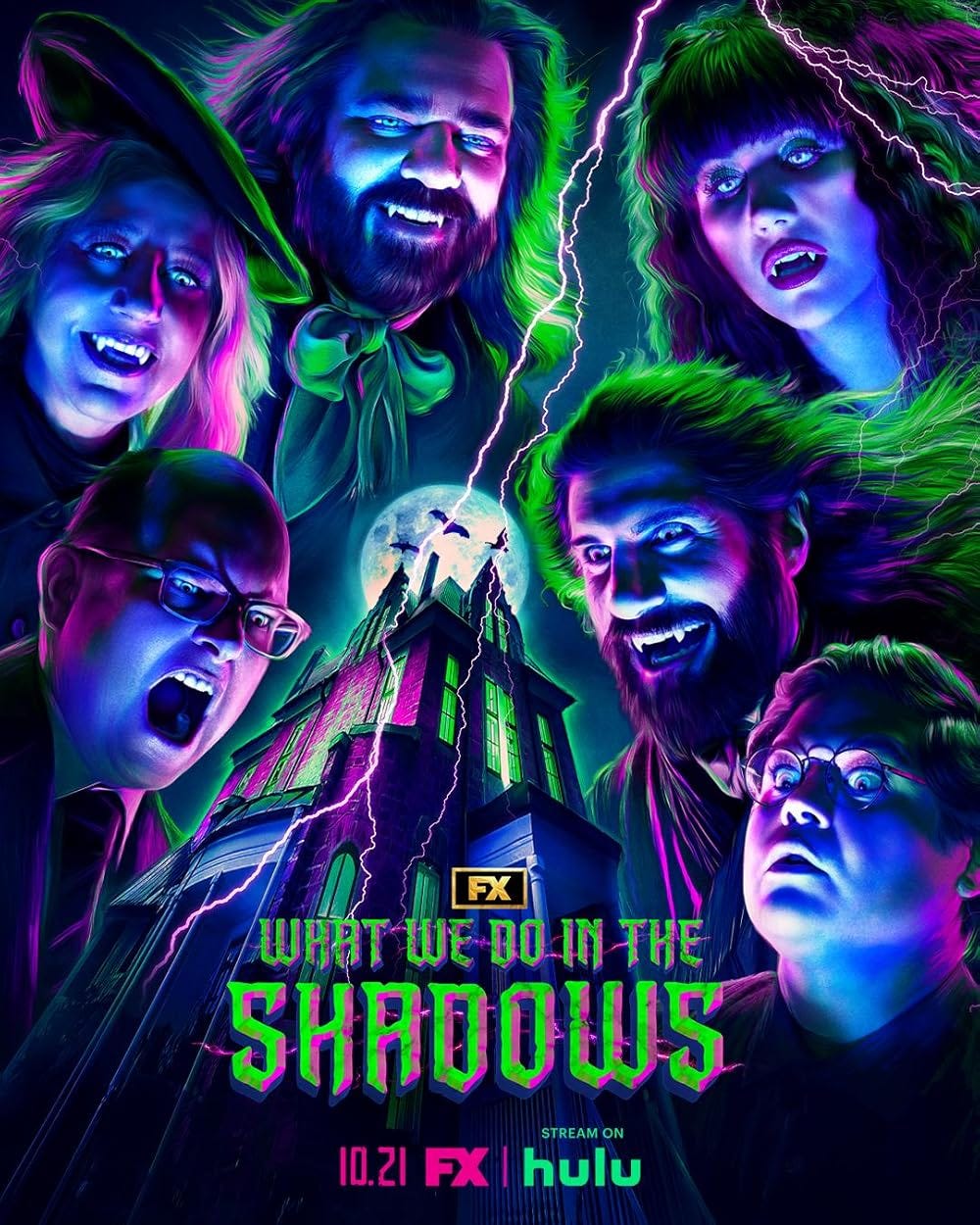 A poster for the Hulu show, What We Do in the Shadows, that shows the faces of the main characters in neon hues