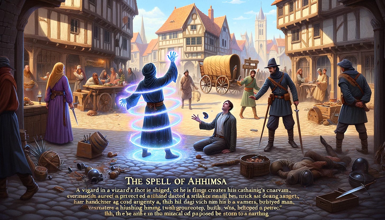 A fantasy scene depicting the effects of a wizard's spell, "The Spell of Ahimsa." This spell creates a magical aura of nonviolence. Visualize a brigand on a dusty road, his fingers weakened, attempting to attack a caravan but his dagger falls from his grasp. Nearby, a tax collector in a medieval town square stands baffled as handcuffs slip from his fingers while trying to arrest a merchant. In a different part of the town, a young girl is pushing another, but she is stopped by an invisible wall of protection, indicated by a shimmering, transparent barrier. The environment should be medieval, with cobblestone streets, wooden caravans, and people in period attire, all under a spell of peace and nonviolence.