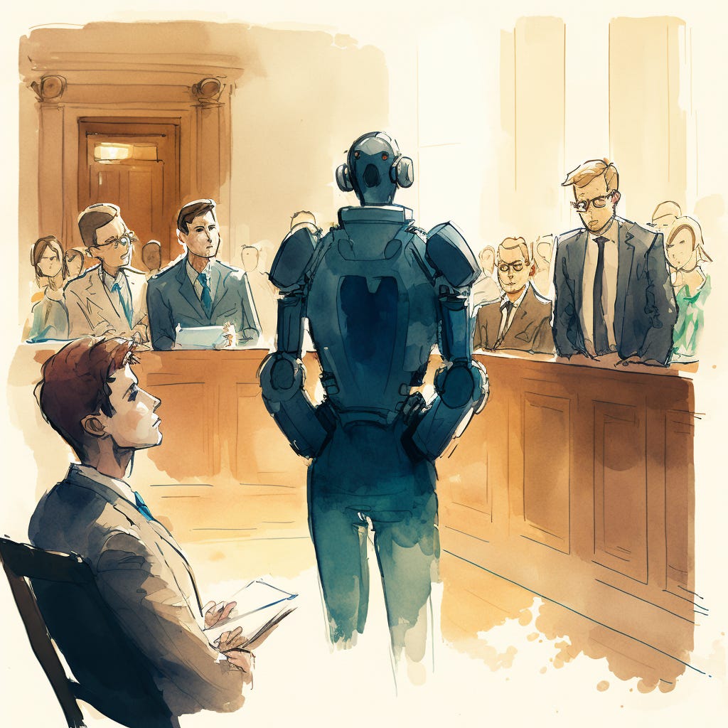 A courtroom scene with Microsoft, GitHub, and OpenAI representatives standing before a judge. In watercolor.