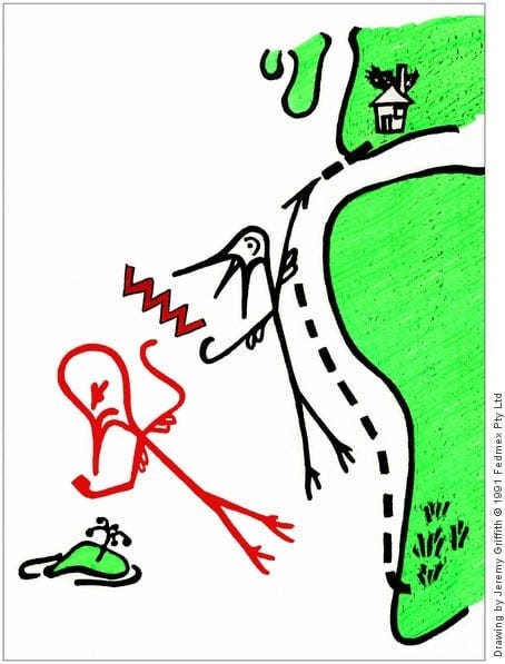 Jeremy Griffith‘s drawing of his analogy of ‘Adam Stork’ which he uses to explain the human condition
