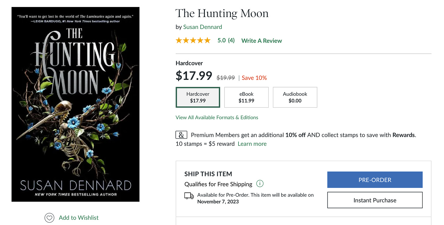 a screen shot of the B&N Hunting Moon page with 4 5-star reviews